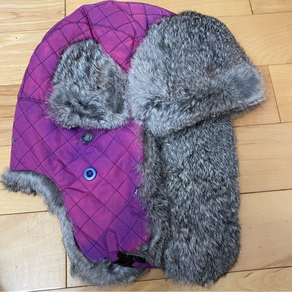 Rabbit Fur Winter Hat Grey and purple Crown cap